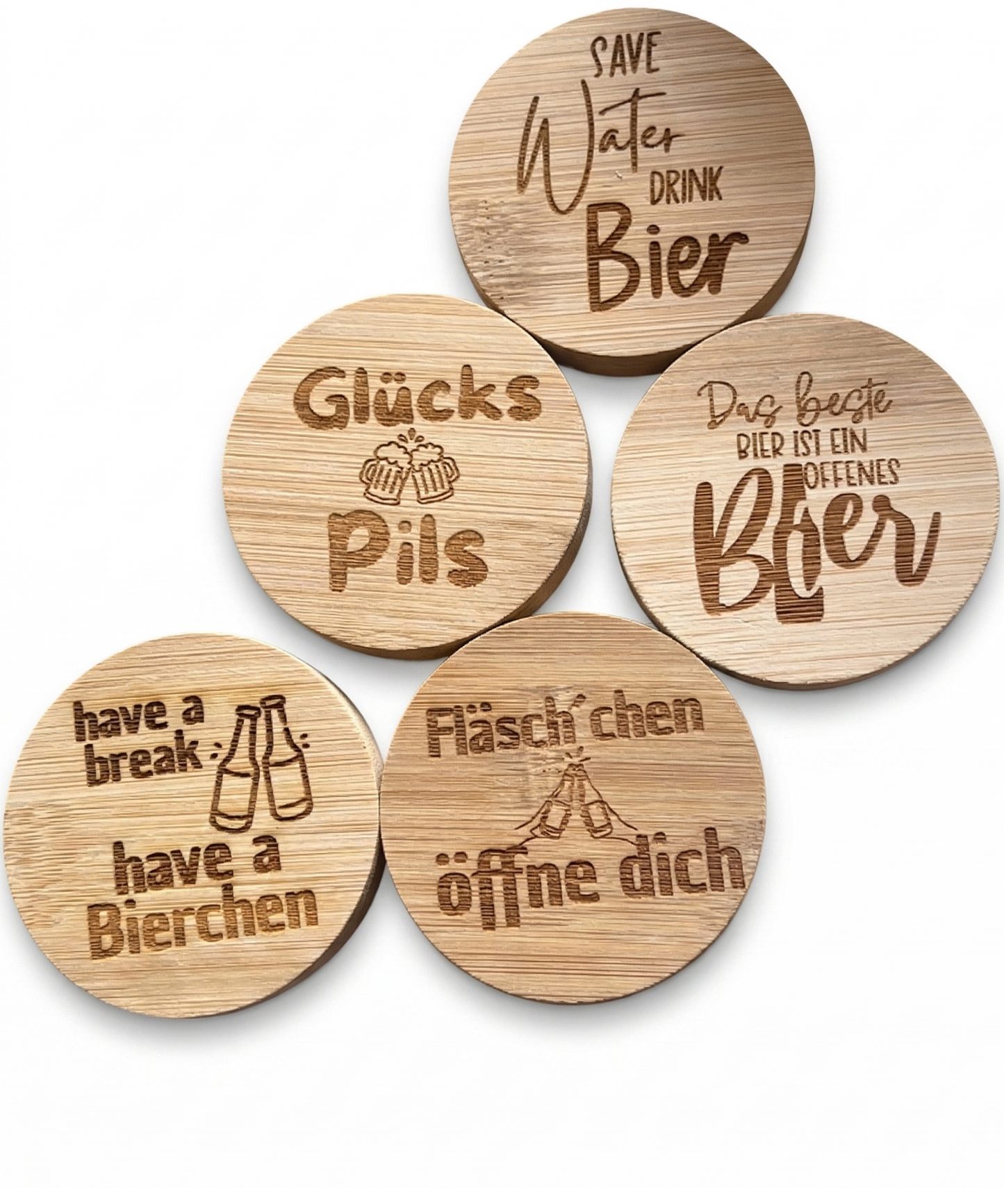 Magnetischer Holz-Flaschenöffner mit Gravur – 5 lustige Bier-Sprüche
