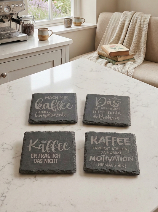 Schiefer-Untersetzer mit Kaffee-Sprüchen 4er Set